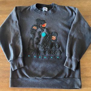 VTG Tee Jays USA Made Arizona Native American‎ Embossed Sweatshirt Black Small